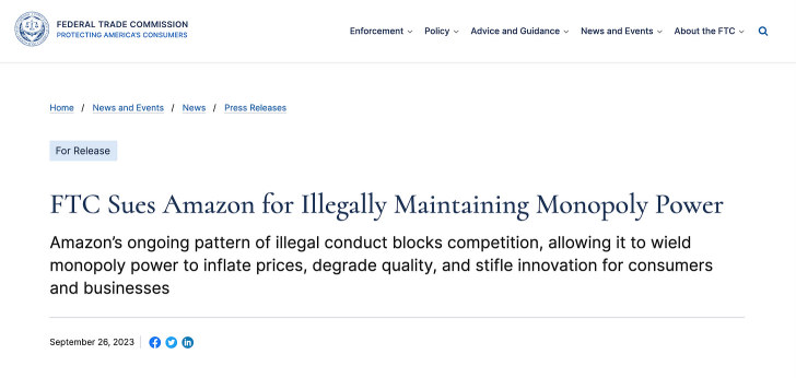 联邦贸易委员会提起诉讼后，亚马逊下跌了4％，卖出？