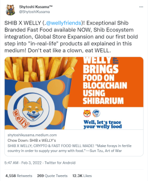 SHIB的开发者揭示了与Welly's的合作，SHIB猛涨高达26%。