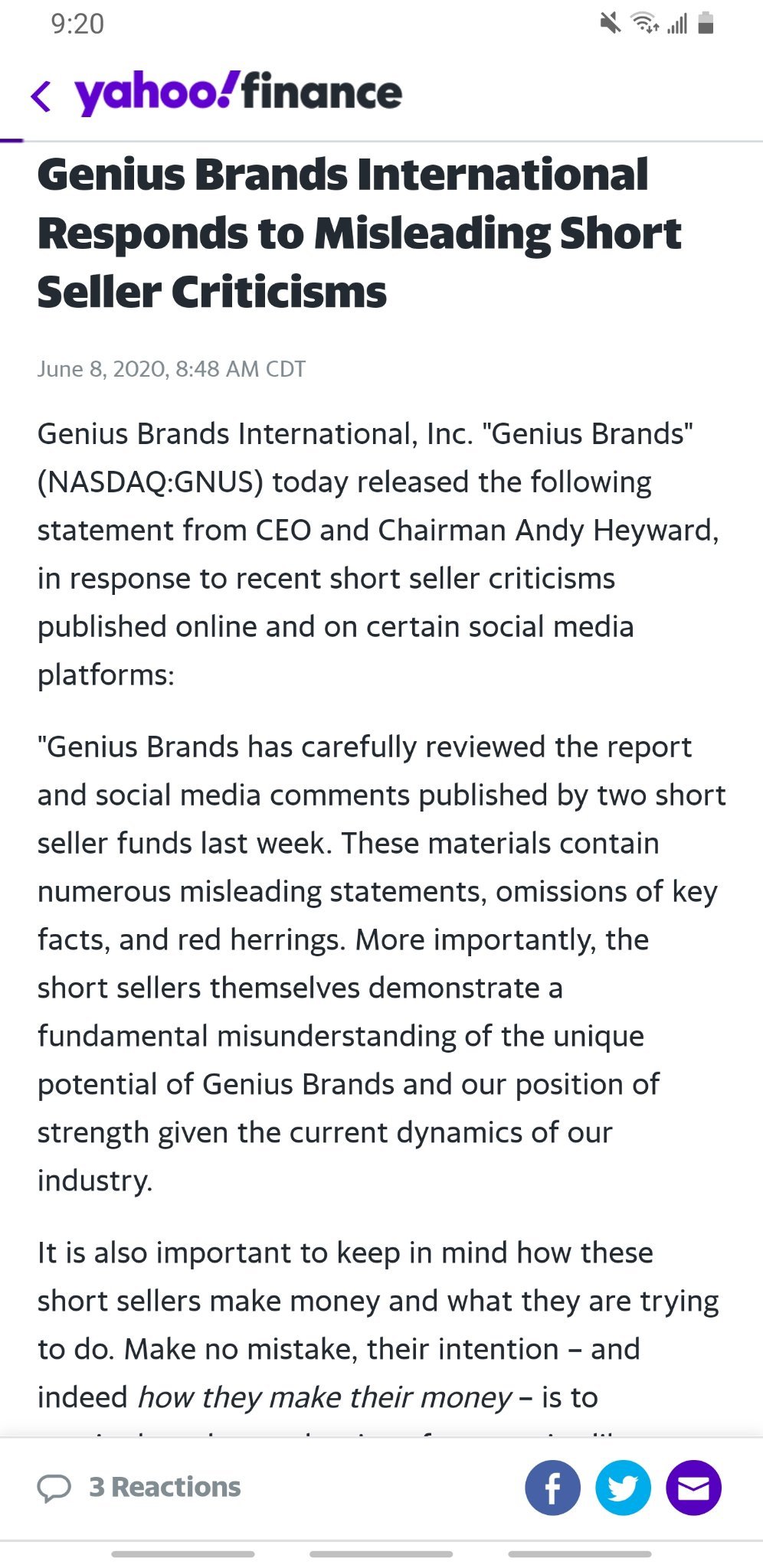 GNUS CEO responds to short sellers.