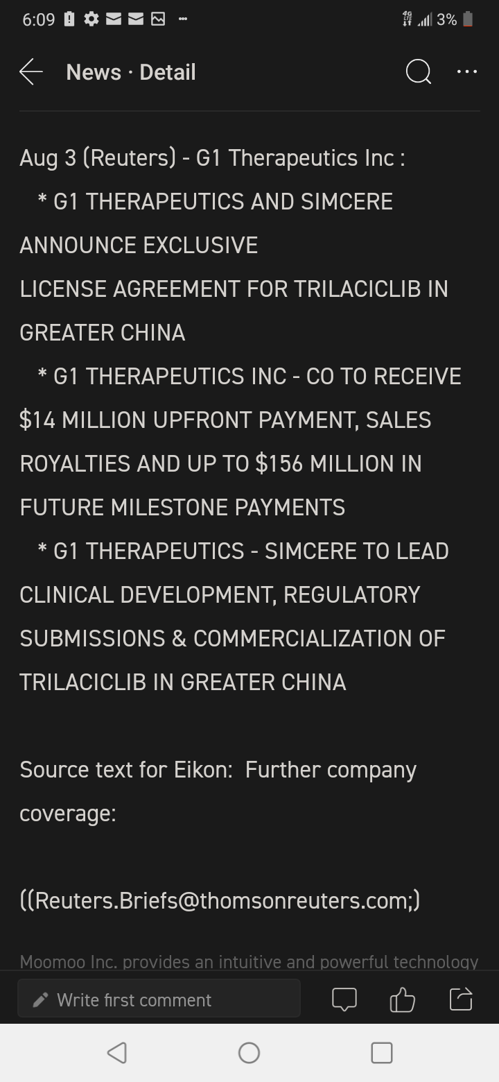 $G1 Therapeutics (GTHX.US)$ 170-million in total...contracts signed.......