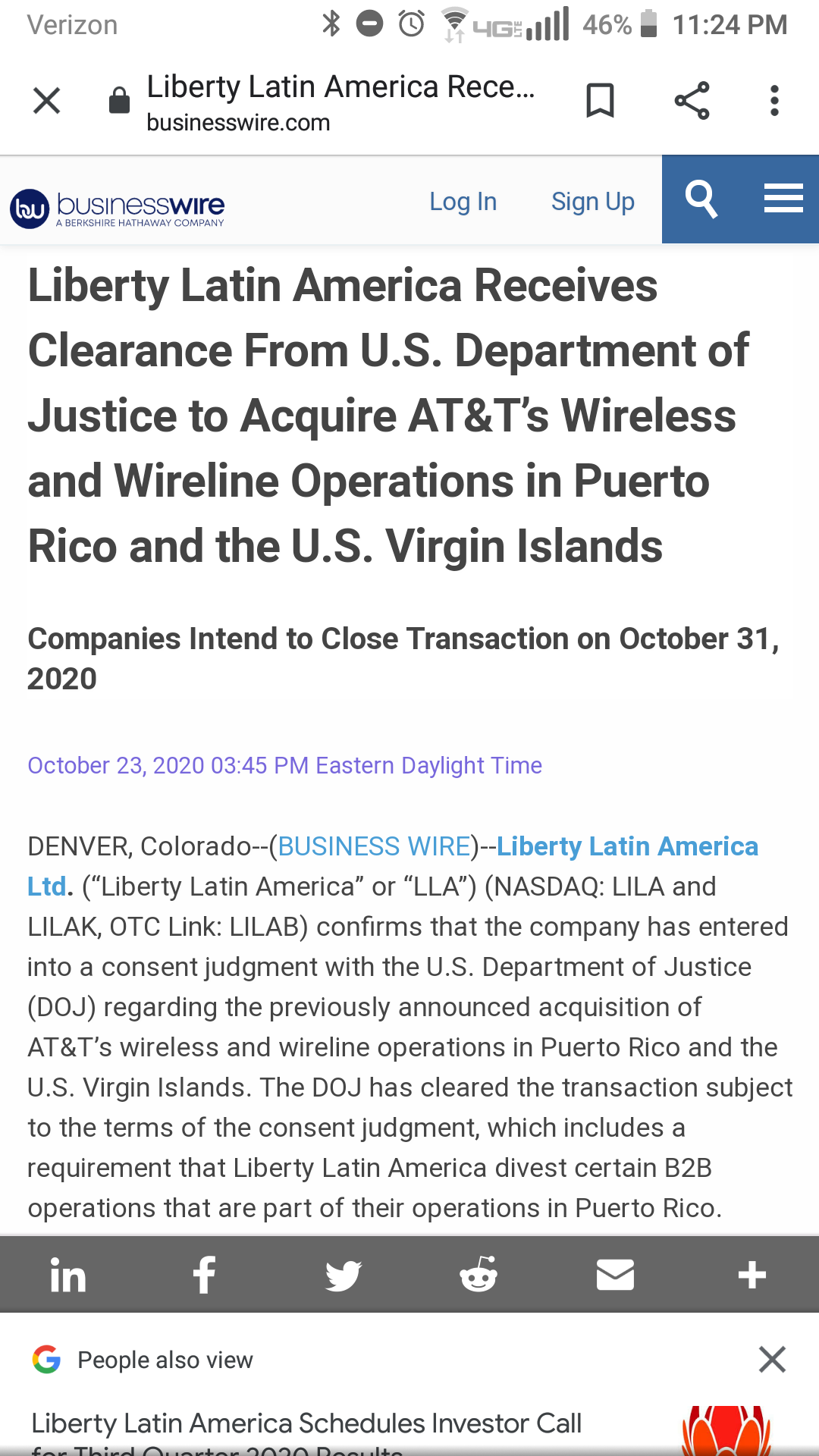 $Liberty Latin America-A (LILA.US)$ With this news breaking just 15 minutes before after hours today. what do you think will happen?