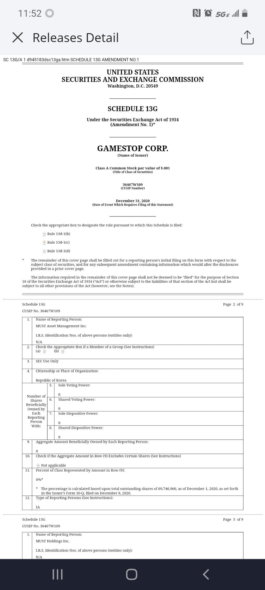 $游戏驿站 (GME.US)$ $GME 文件表格 Sc13 G 显示总部位于韩国的MusT Asset已完全抛售股票