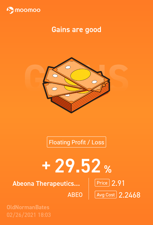 $Abeona Therapeutics (ABEO.US)$ 真的很好，接近50％的增长率，我通常会开始提取少量头寸作为利润（有时最多一半）。然后保持剩下的直到我们在下一轮比赛中走得更远，或者长期成绩 😅 哎哟！