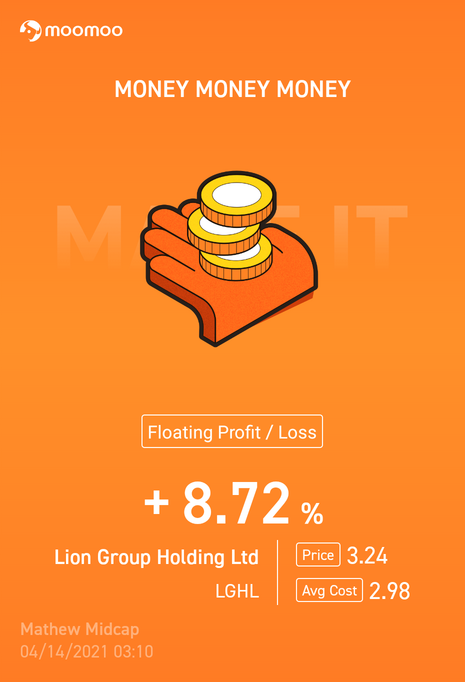 $Lion Group (LGHL.US)$  good day all around between my stock and crypto