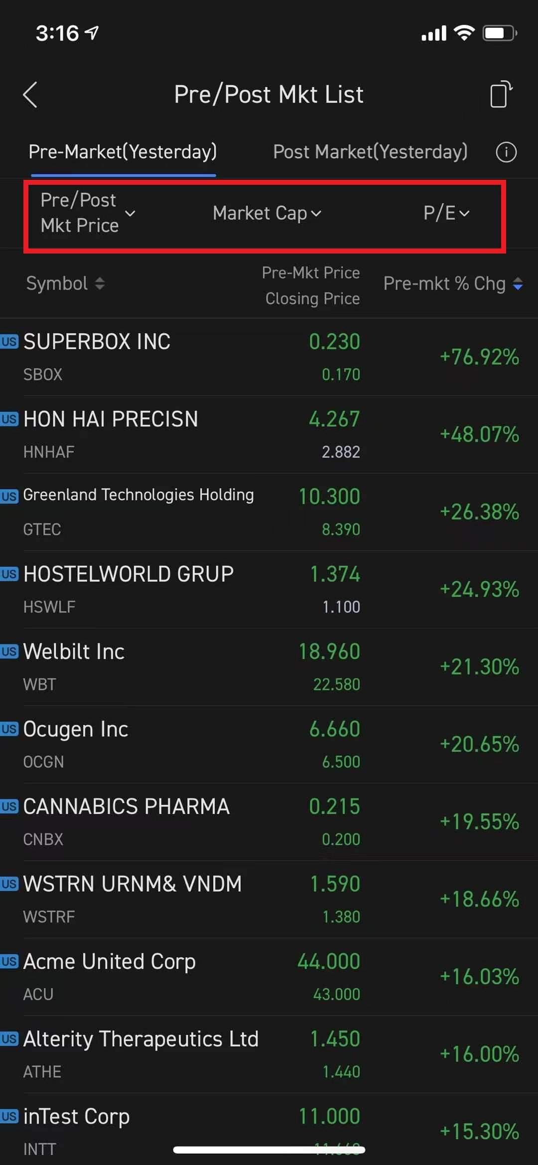 Pre market screener discount