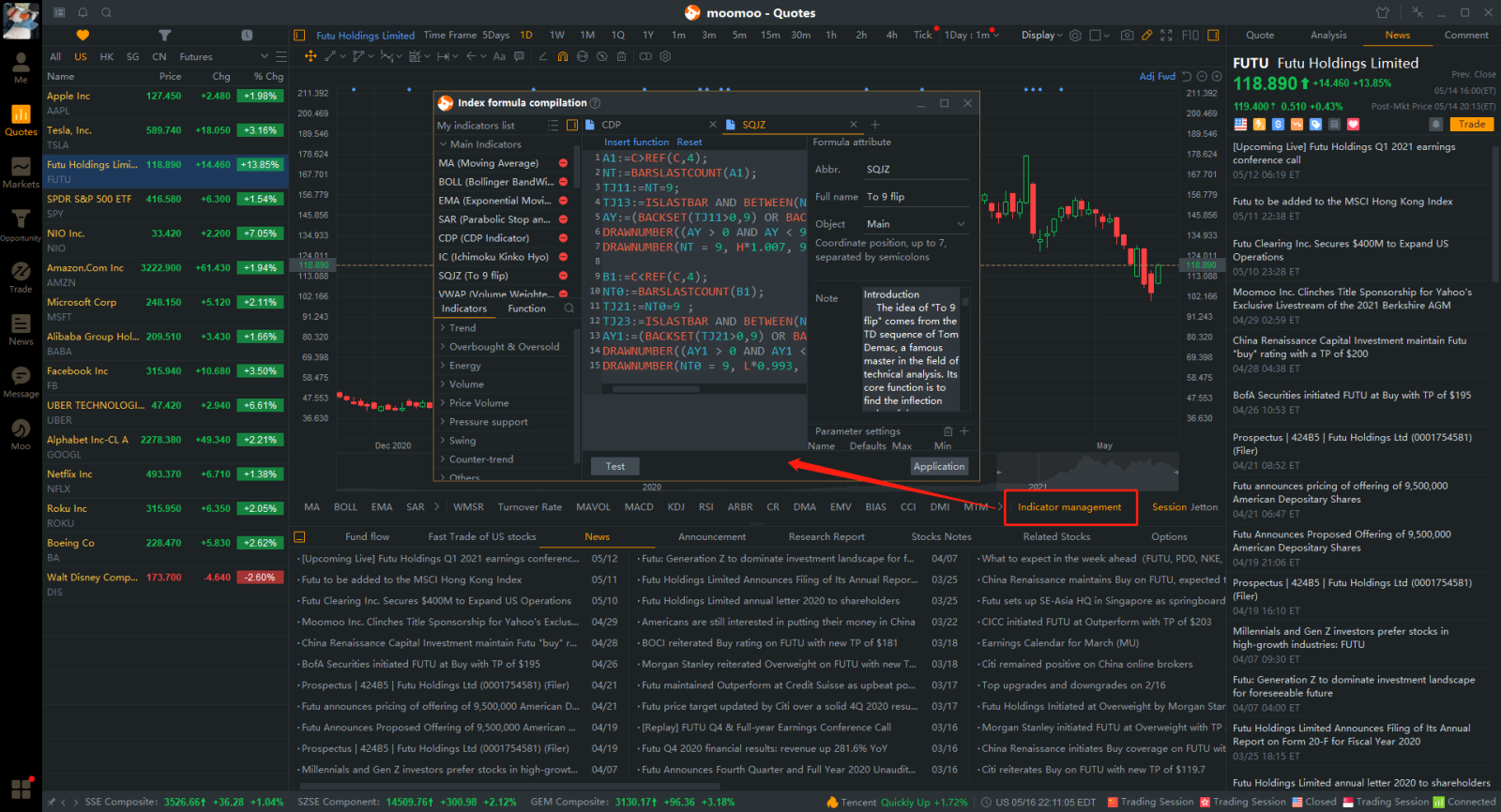 How to customize technical indicators in moomoo?