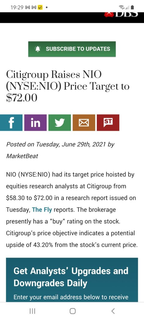 Citigroup Raises NIO (NYSE:NIO) Price Target to $72.00