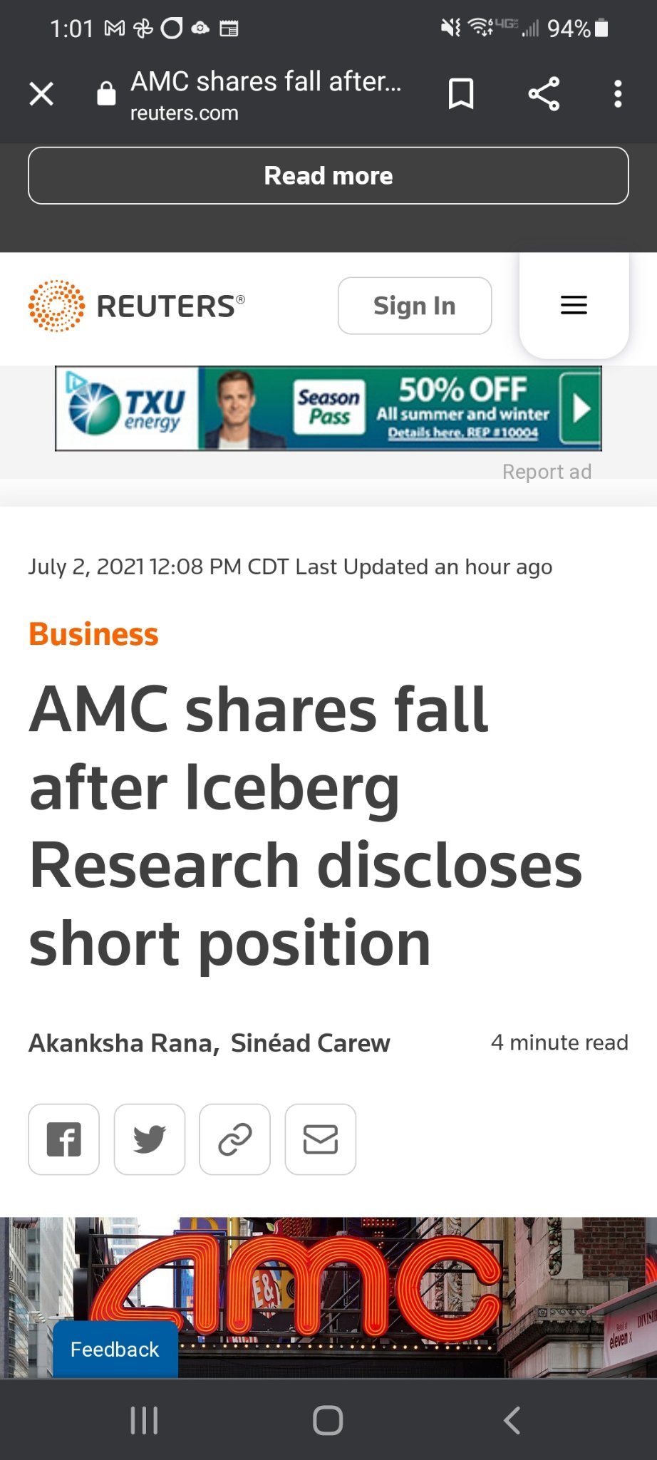 $AMC院線 (AMC.US)$ 根据路透社