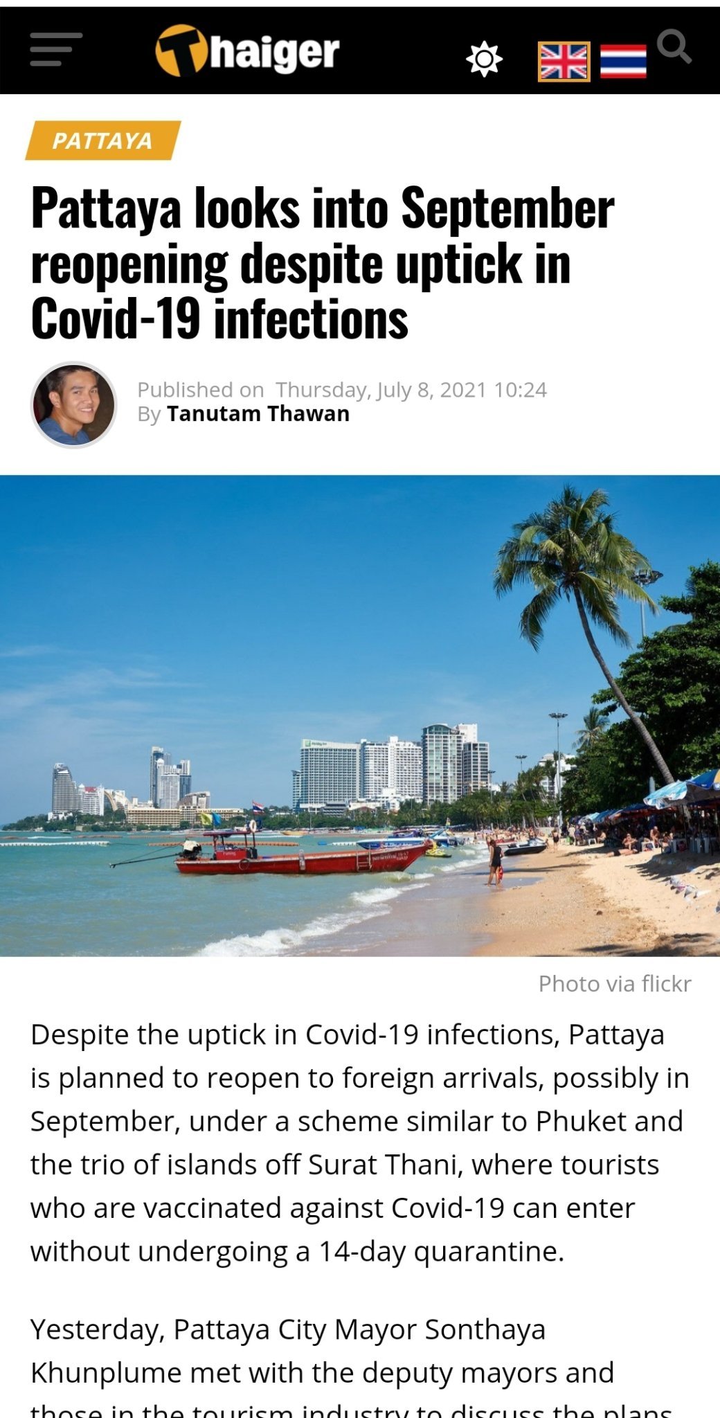 $ThaiBev (Y92.SG)$ Pattaya looks into September reopening despite uptick in Covid-19 infections