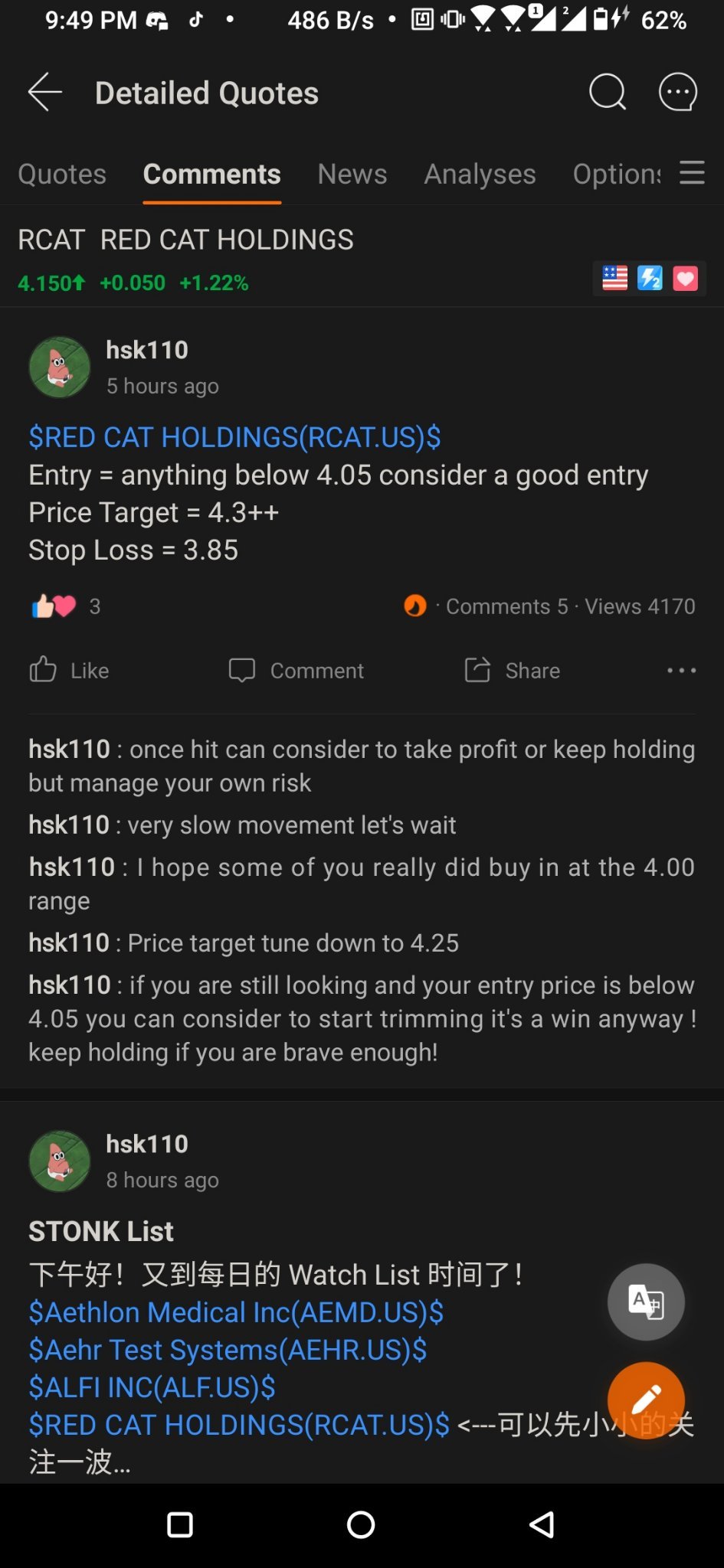 $Red Cat Holdings (RCAT.US)$  有買的兄弟姐妹們我們又做到了！adjust profit taking 4.25 成功達到！希望關注我的兄弟姐妹都有買這隻股！