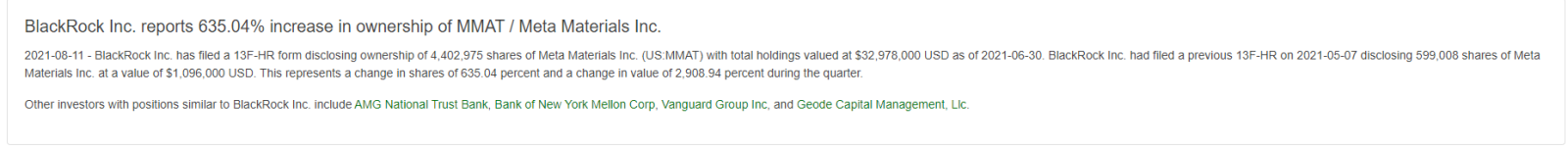 $Meta Materials (MMAT.US)$ Blackrock Increases Number Of Shares Considerably.https://twitter.com/SmokeyStock/status/1425606031346917379?s=19