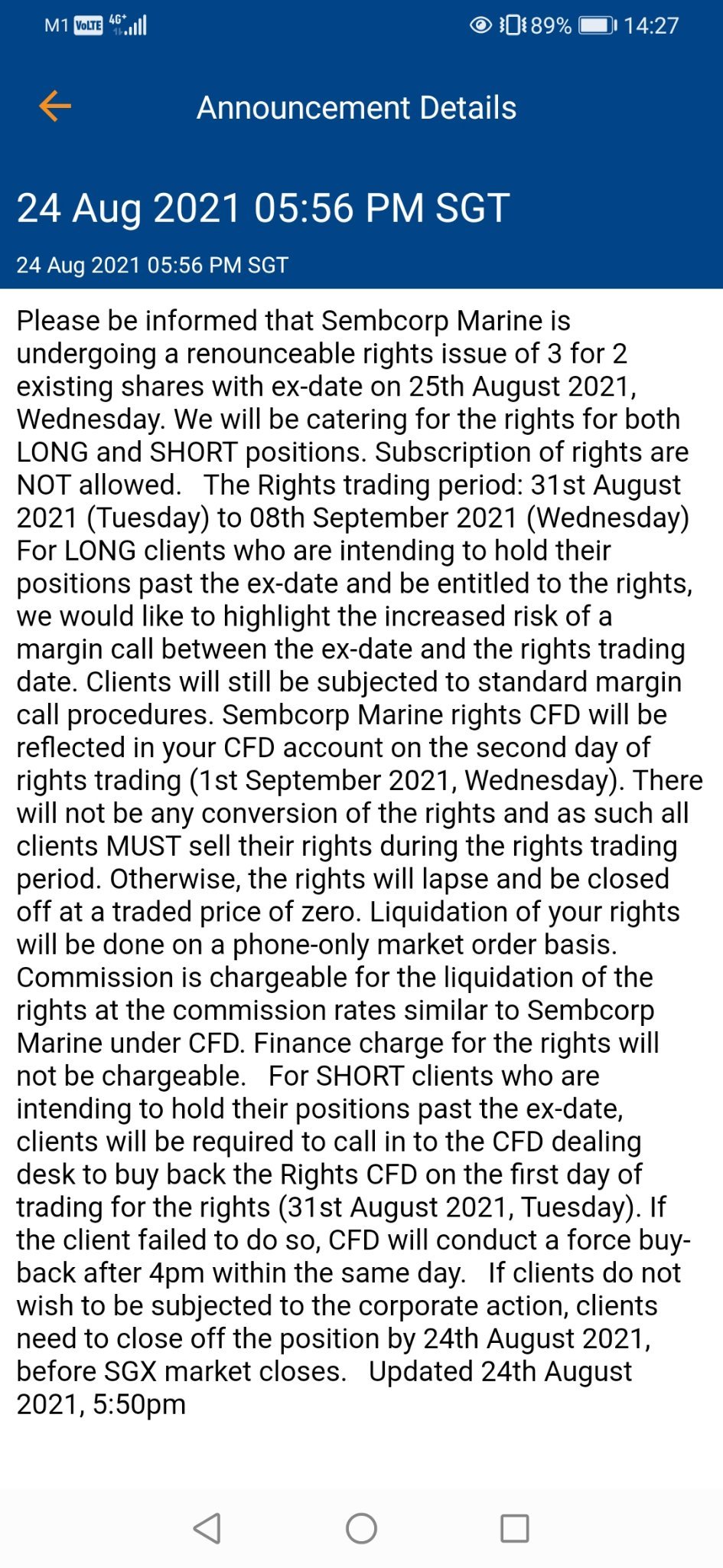 $Seatrium (S51.SG)$  Rights share trading period from 31 August to 8 September.