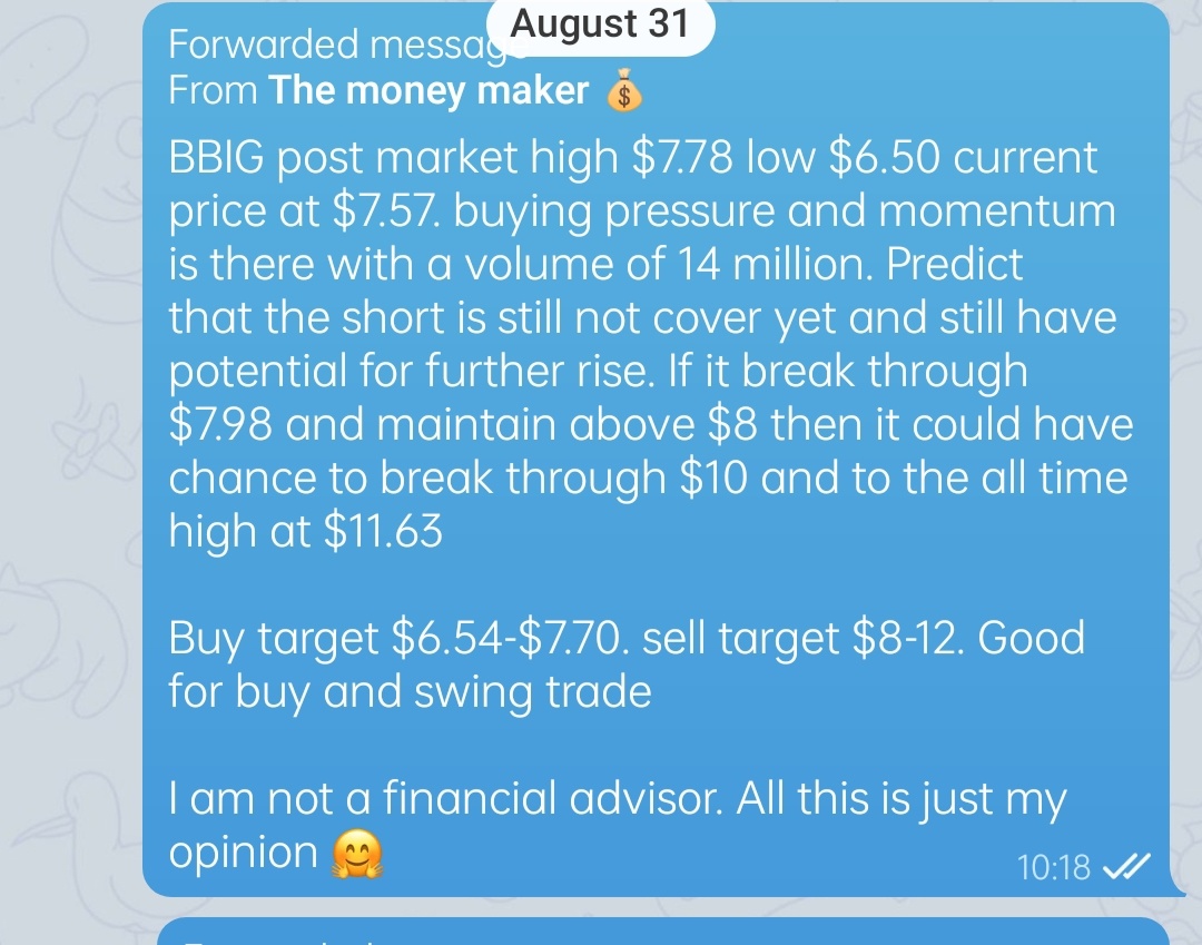 $Vinco Ventures (BBIG.US)$ For 31 Aug technical analysis. Thank you money maker for the signal for a little small profit . bought at $6.8 and sell at $8.1 🤑🤑�...