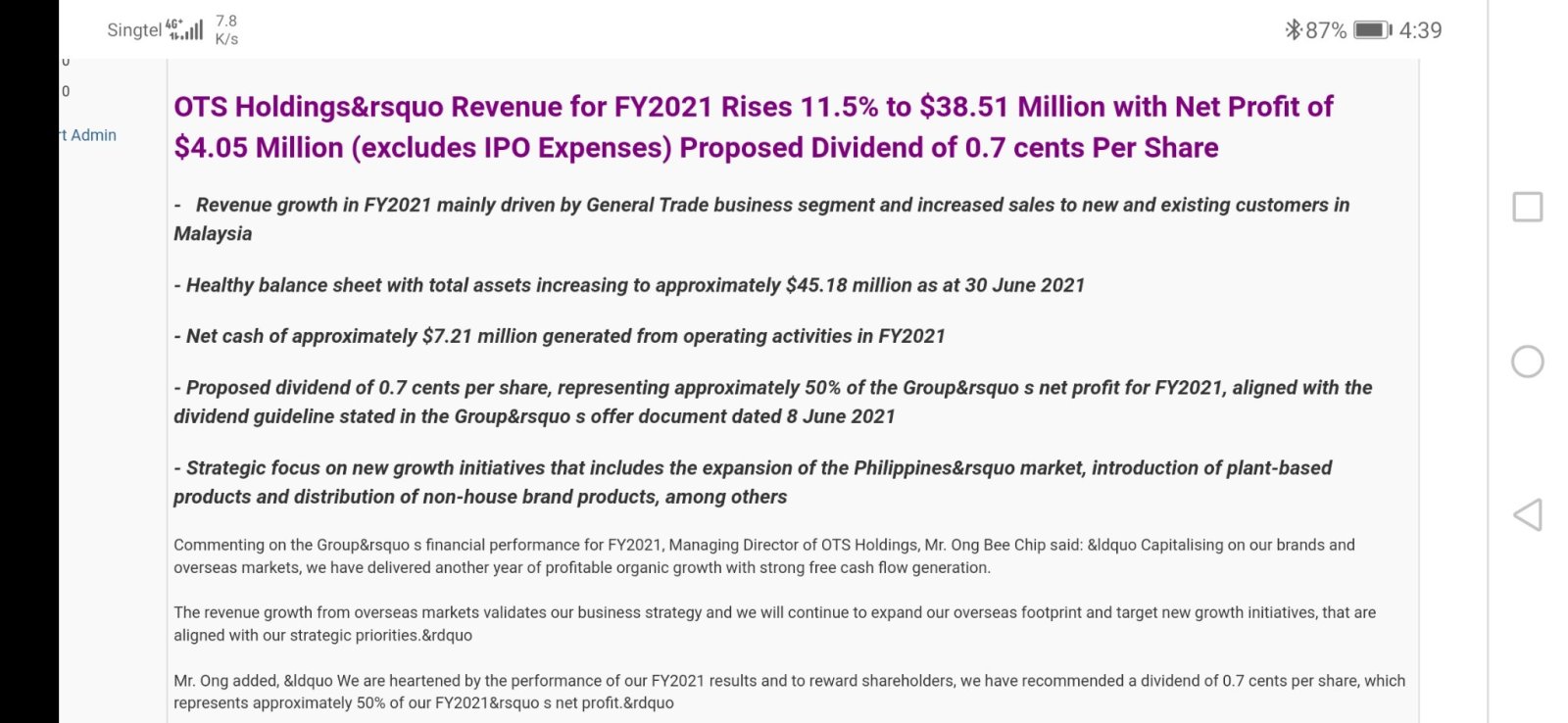 $OTS Holdings (OTS.SG)$ 好的股息