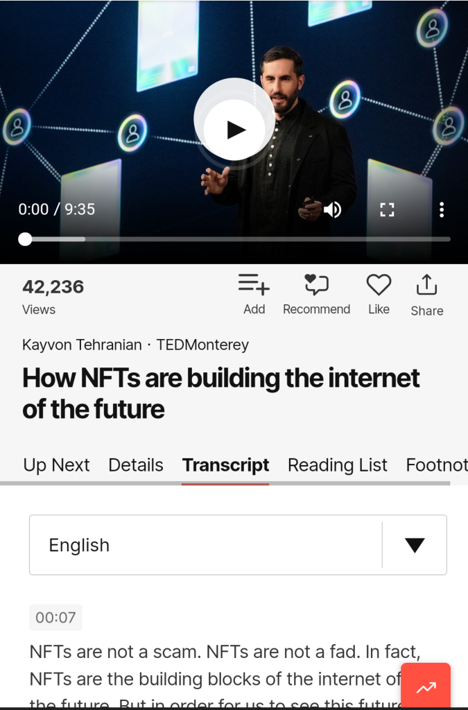 NFt TED talk 鏈接和講稿。