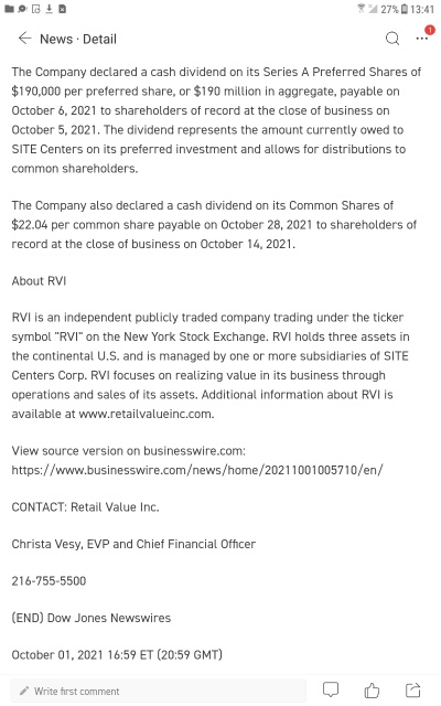 $RVI特别股息需要持有至10月29日！