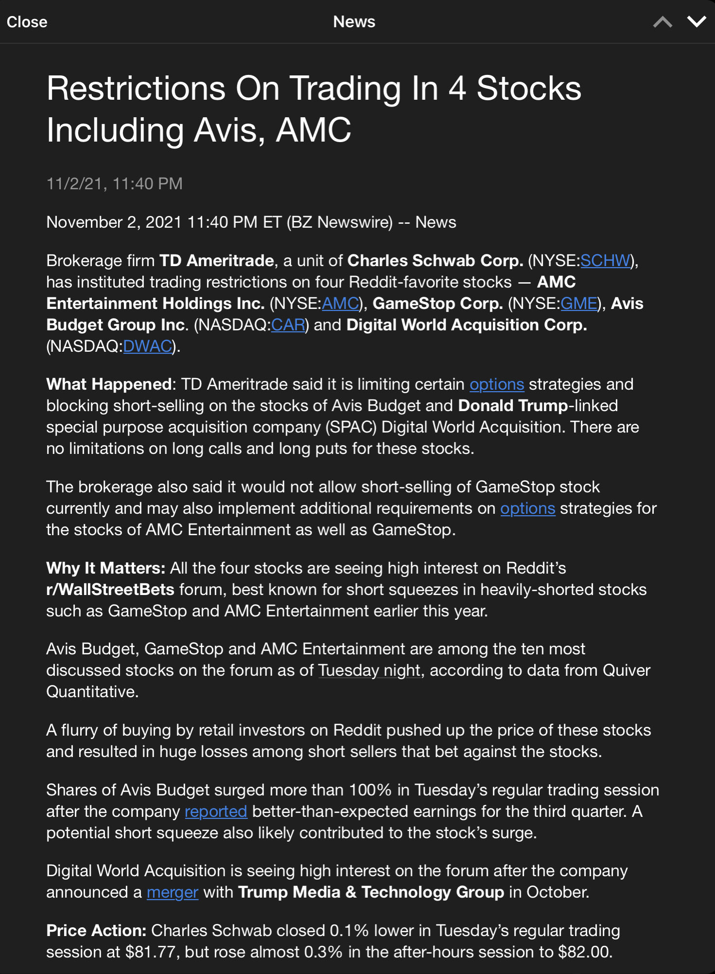 $AMCエンターテインメント クラスA (AMC.US)$$ゲームストップ クラスA (GME.US)$$デジタル・ワールド・アクイジション (DWAC.US)$$CAR Group Ltd (CAR.AU)$実際、これは良いです これらの株式における新規売は制限されています