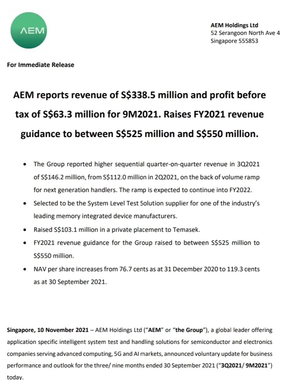 $AEM SGD (AWX.SG)$ AEMのプレスリリース