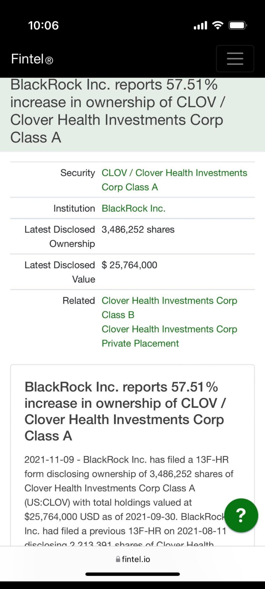 $Clover Health (CLOV.US)$ BLACKROCK IS LIKE THIRD SHARE  BlackRock institutions are increasing their stock holdings