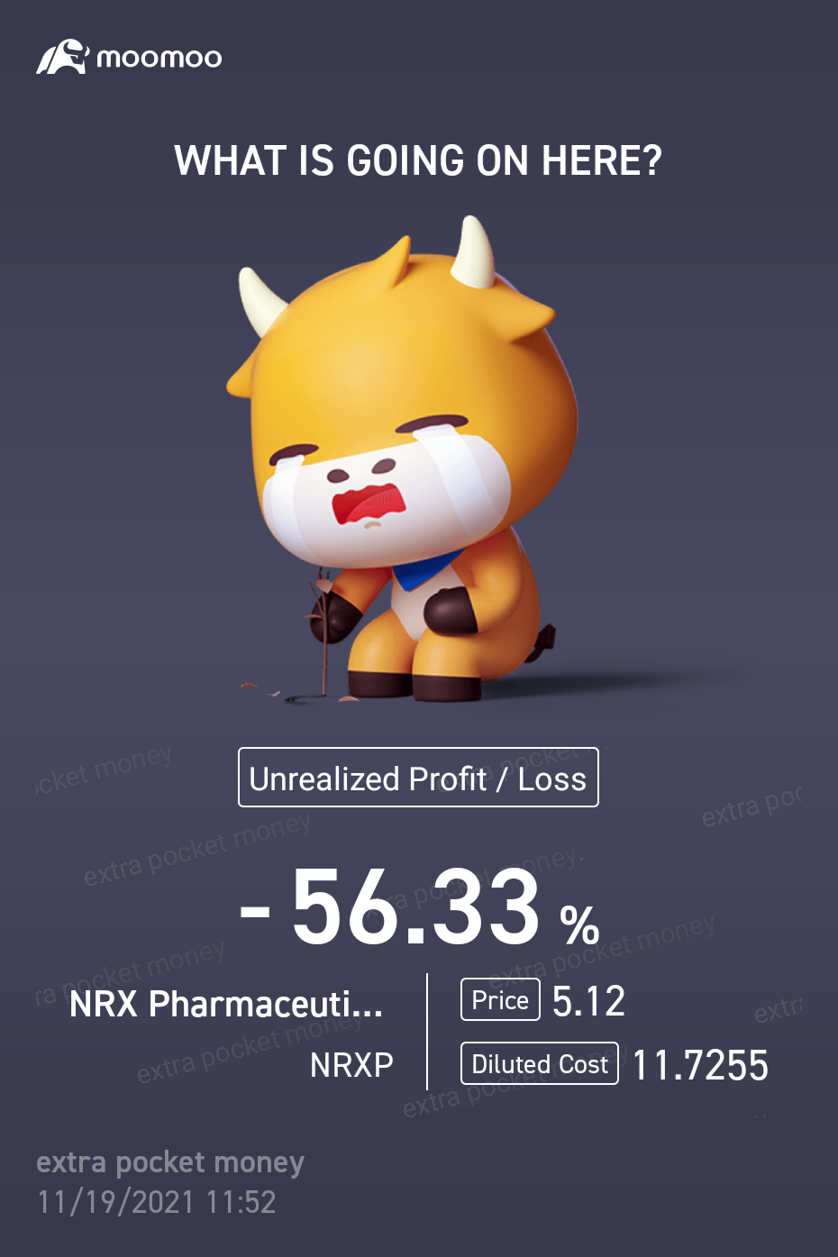 $NRX Pharmaceuticals (NRXP.US)$ 我持有並最看好的公司，也是跌的最慘的。😂