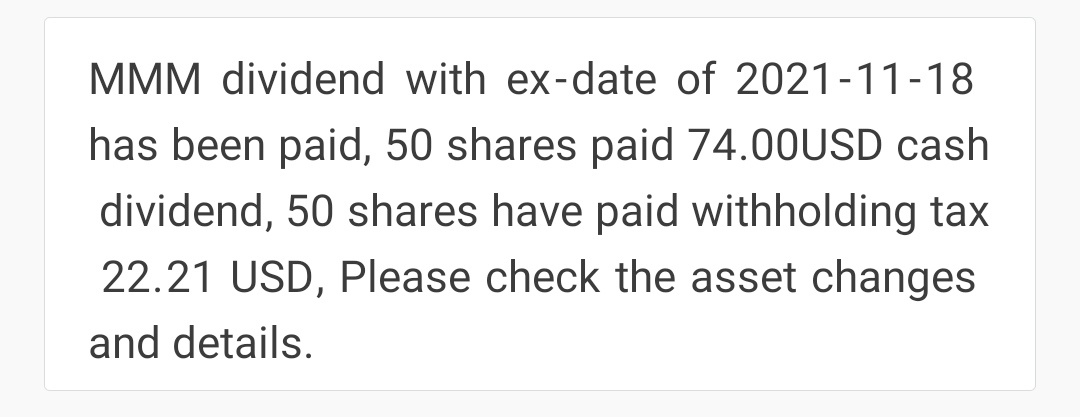 First time collect dividend~ So happy~ [Laugh] $3M (MMM.US)$