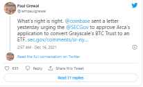 NYSEアーカがGrayscale Bitcoin TrustをETFに変換するための取り組みをCoinbaseが支持