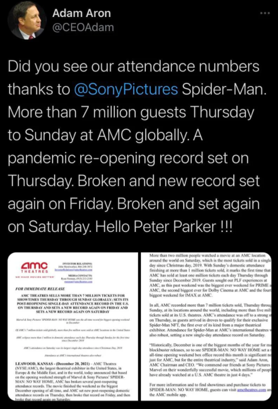 $AMC Entertainment (AMC.US)$ AMC theaters had more than 7 MILLION guests for just Spider-Man this weekend. We’re setting records. BULLISH 🚀