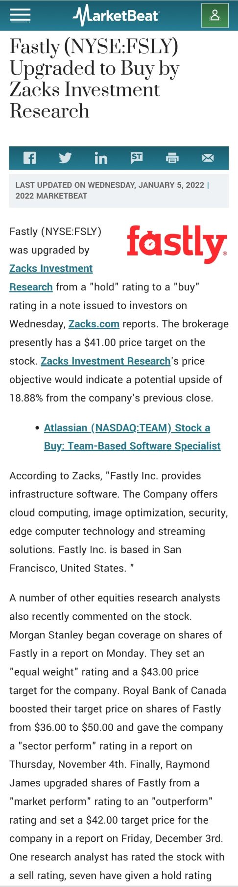 FASTLY has a price target of $41 (updated 5-Jan-2022)