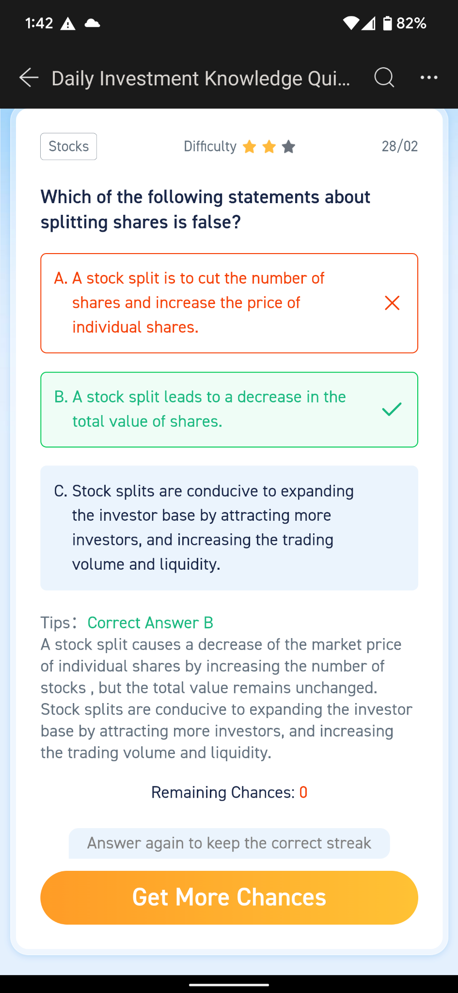 ummm, isn't 'A' also false... prices of individual shares decrease, not increase..