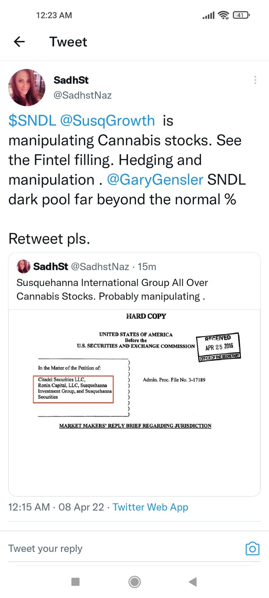 $SNDL Inc (SNDL.US)$ 她找到了操縱大麻庫存的人，並試圖向美國證券交易委員會舉報