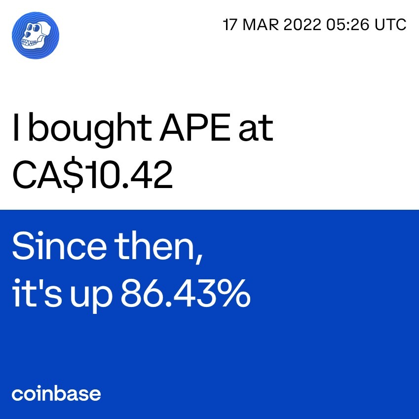 私はCoinbaseでAPEをCA$10.42で買いました。あなた自身のためにAPEをここで購入してください：https://www.coinbase.com/buy/ape?utm_campaign=rt_i_m_w_m_acq_ugc_soc_0_previousTrade&utm_source=ugc&utm_p...