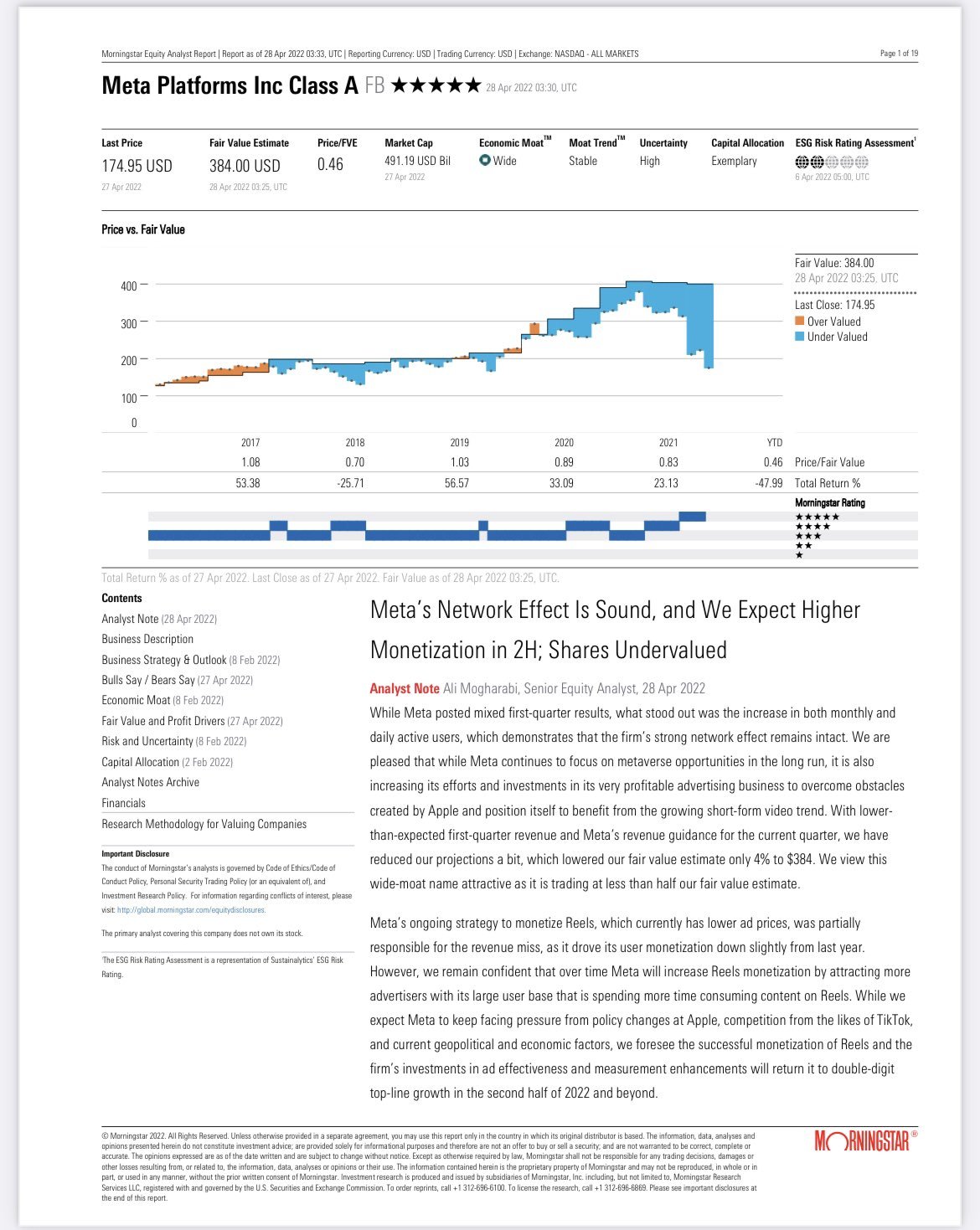 $undefined (FB.US)$MetaについてのMorningtstarの発言：「Metaのネットワーク効果は健全であり、2Hにおける収益化の上昇を期待しています。株価は過小評価されています。公正価値の見積もりは384ドルです。」