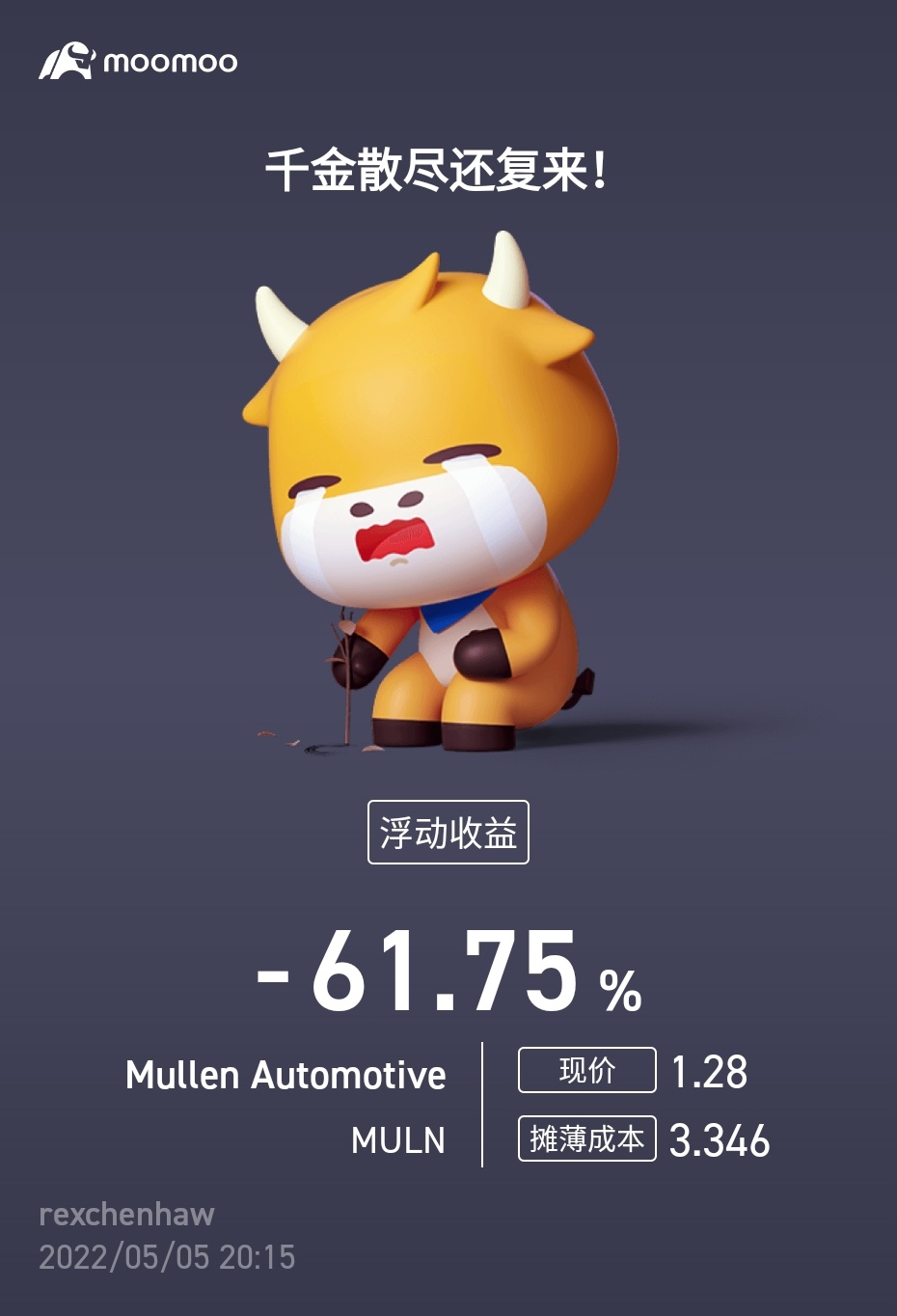 $Mullen Automotive (MULN.US)$ 哇两个月没看我的血汗钱[发呆][流泪]