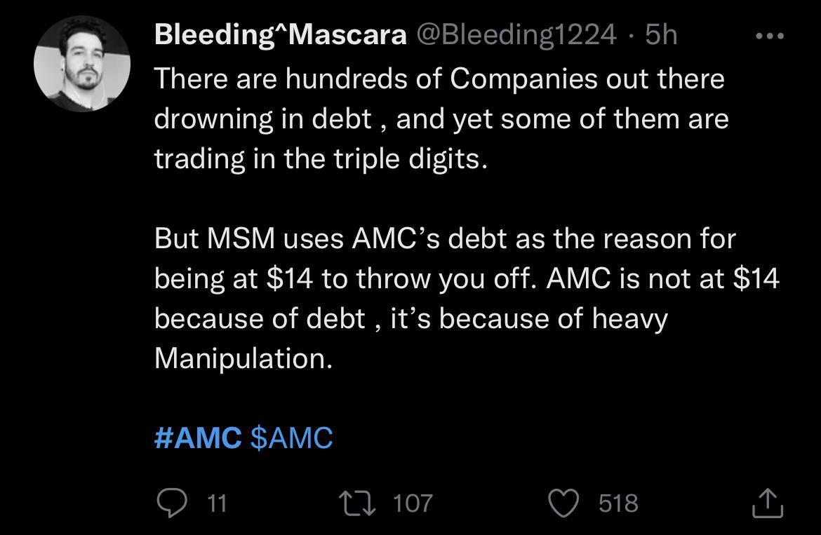 $AMCエンターテインメント クラスA (AMC.US)$数百社の会社が多数の債務に苦しんでいますが、その中には三桁で取引されているものもあります。 しかし、MSMはAMCの債務を理由に$14であるとしてあなたをだますために使用しています。AMCは債務のために$14ではなく、重い操作のために$14になっています。