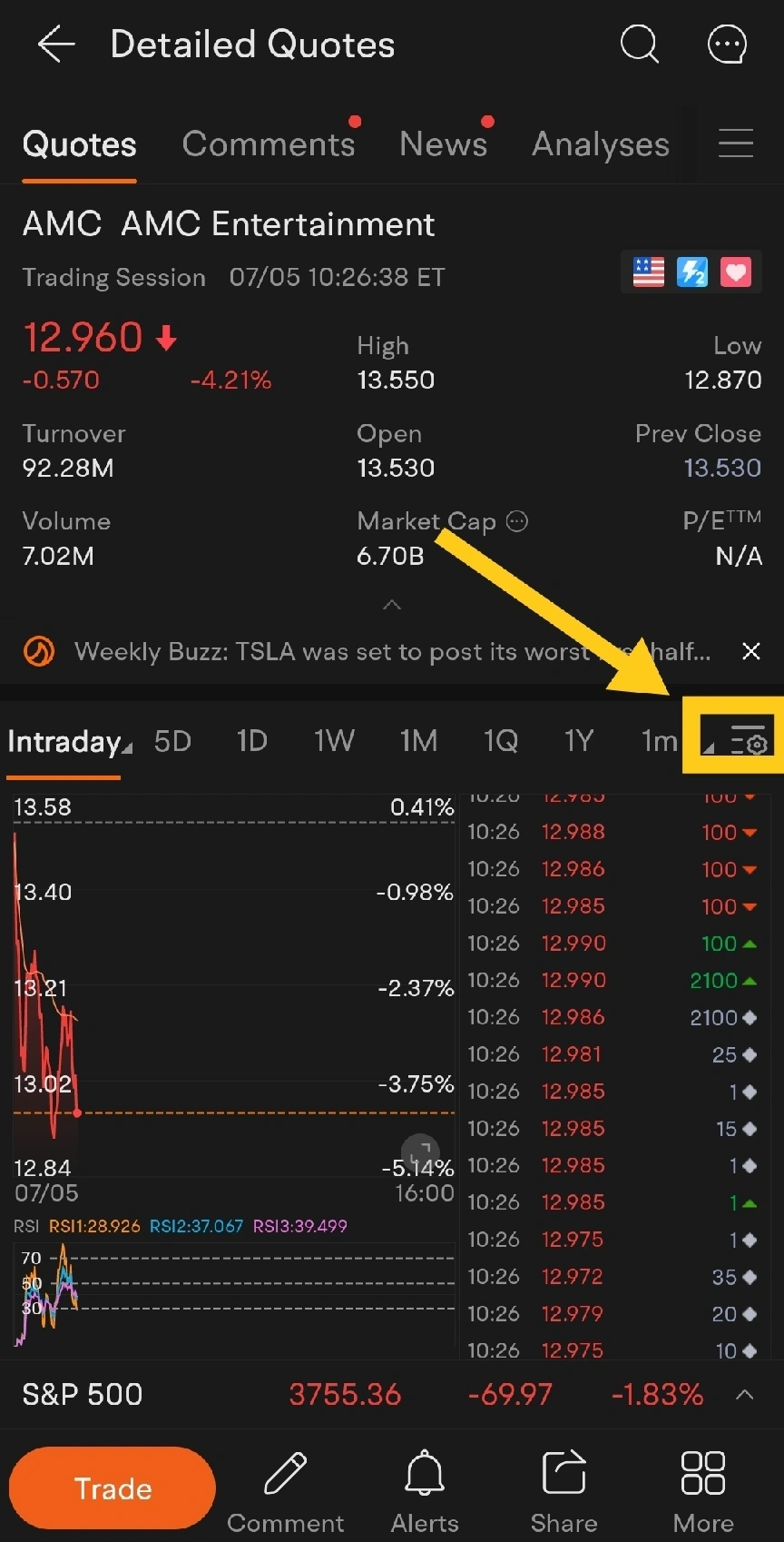 Choose a stock you interested and start from the setting