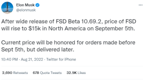 Tesla's fully automated driving system will be priced 25% higher in North America ,starting on September 5