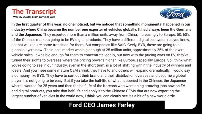 $Ford Motor Co (F.CA)$ CEO: "In the first quarter of this year, no one noticed, but we noticed that something monumental happened in our industry where China be...