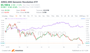 Cathie Wood 的 ARKG 基金下跌了30%，投资者正在赎回资金。