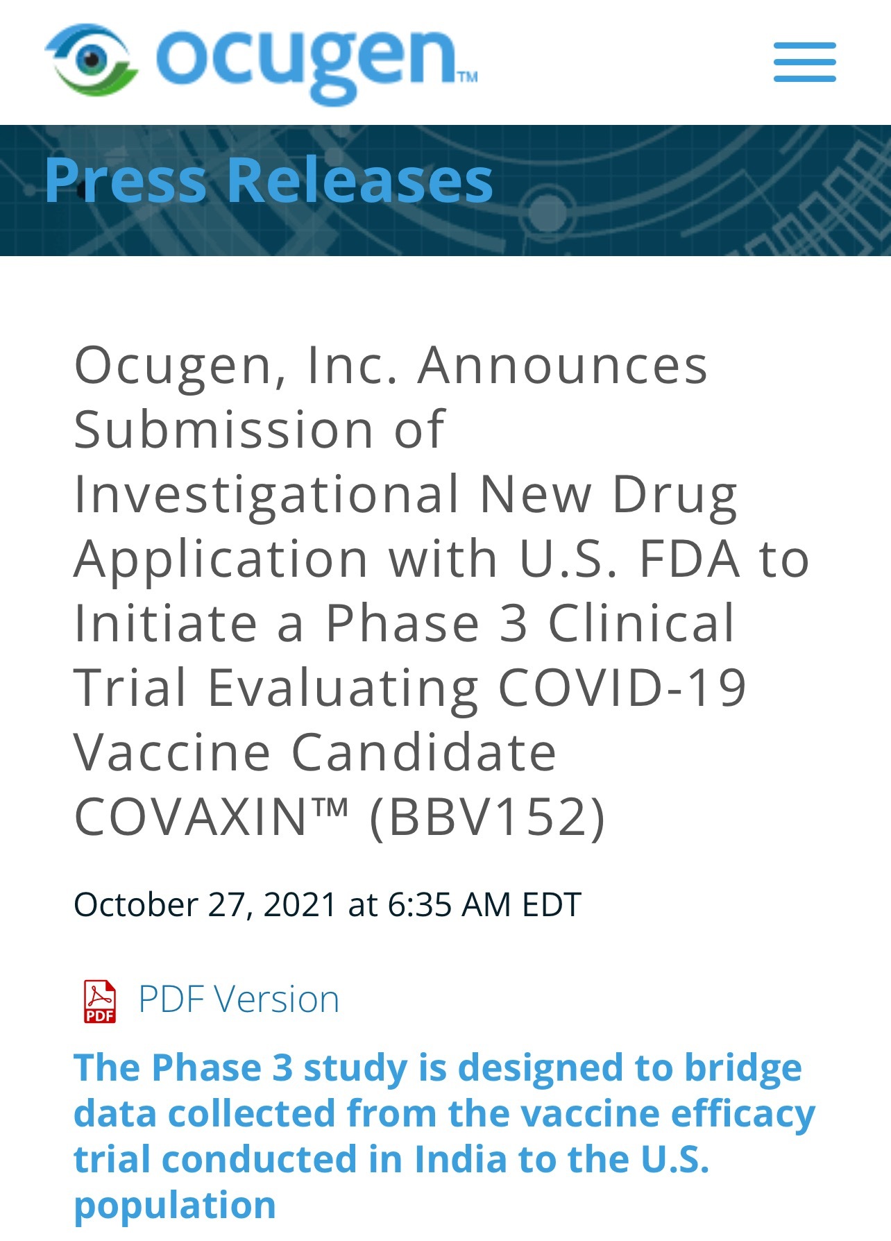 $Ocugen (OCGN.US)$ OCGN于10月27日宣布，它已向美国食品药品管理局提交了研究性新药申请（IND），以探讨Covaxin的有效性是否适用于美国。这也等同于OCGN开始为美国BLA迈出第一步[爱心] 根据OCGN提供的信息，假设IND申请成功获得批准，OCGN将在美国正式进行临床试验，然后比较在美国...