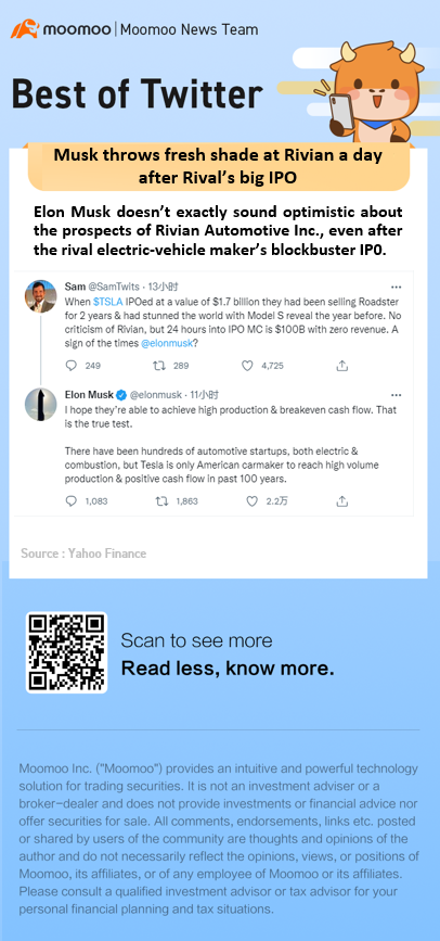 在Rival进行大规模首次公开募股的第二天，马斯克为Rivian投下了新的阴影