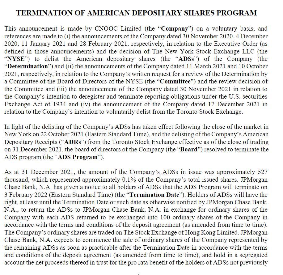 CNOOC announces termination of American Depositary Shares Program. 中国海洋石油：摩根大通银行已就终止美国存托股份计划向所有美国存托股份持有人发出通知，本公司的美国存托股份计划将于二零二二年二月三日（东部标准时间）终止。 $中国海洋石油 (00883.H...