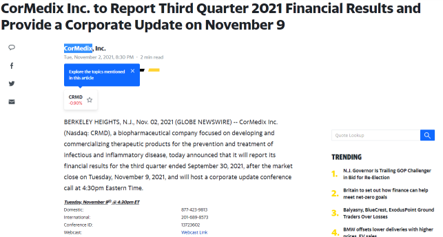 cormedix 2021年第3季度财务业绩公布日期