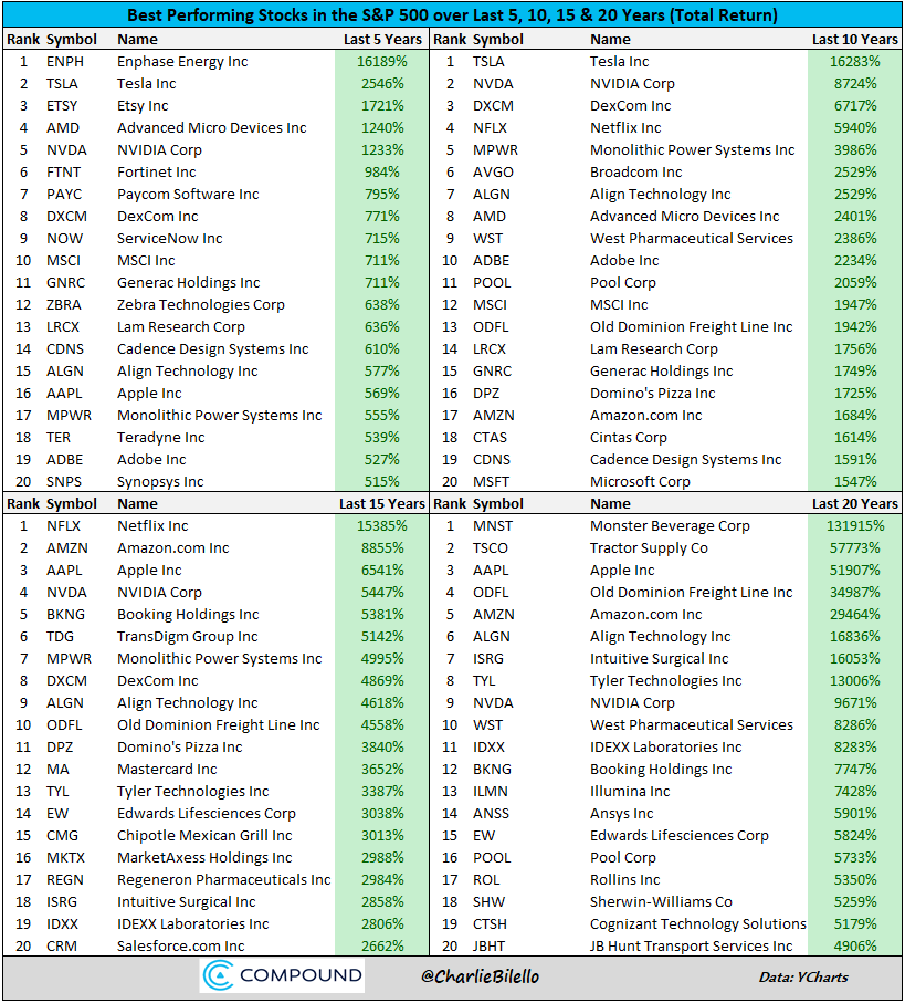 過去5年、10年、15年和20年表現最佳的S&P 500股票