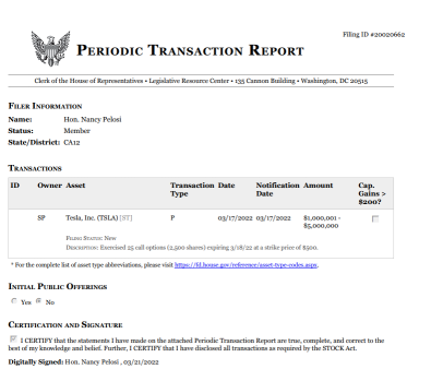 U.S. politician stock trading: Nancy Pelosi's husband bought $2.2m in Tesla before the stock splits announced