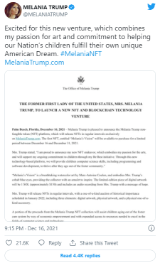 Melania Trump 將發行一個NFt，每個將花費1 SOL。