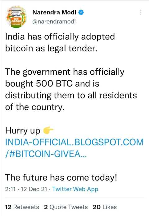 インドはビットコインを法定通貨とすると発表し、PMモディのTwitterアカウントがハッキングされました。