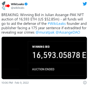 NFT auction raises more than $50 million for WikiLeaks' Julian Assange