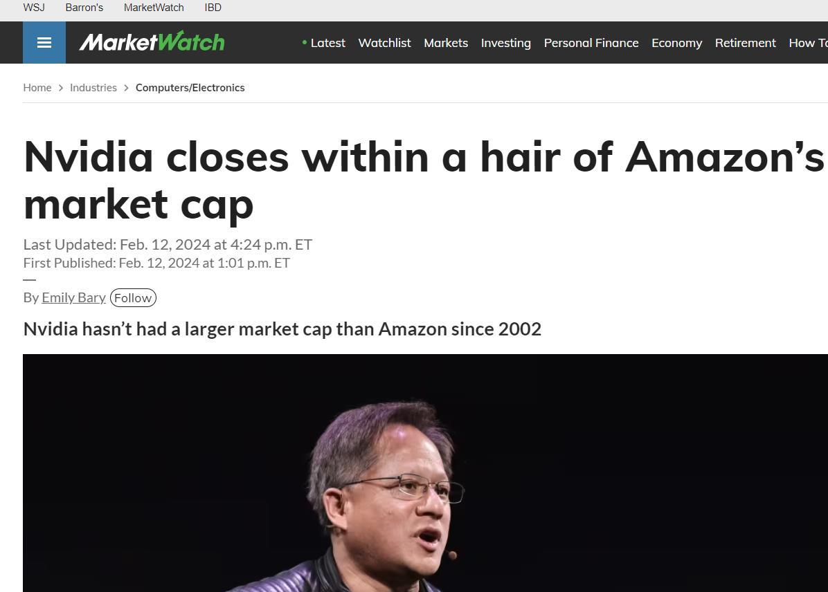 $英偉達 (NVDA.US)$[鏈接: marketwatch.com...] 不久之後超過亞馬遜...太瘋狂了..