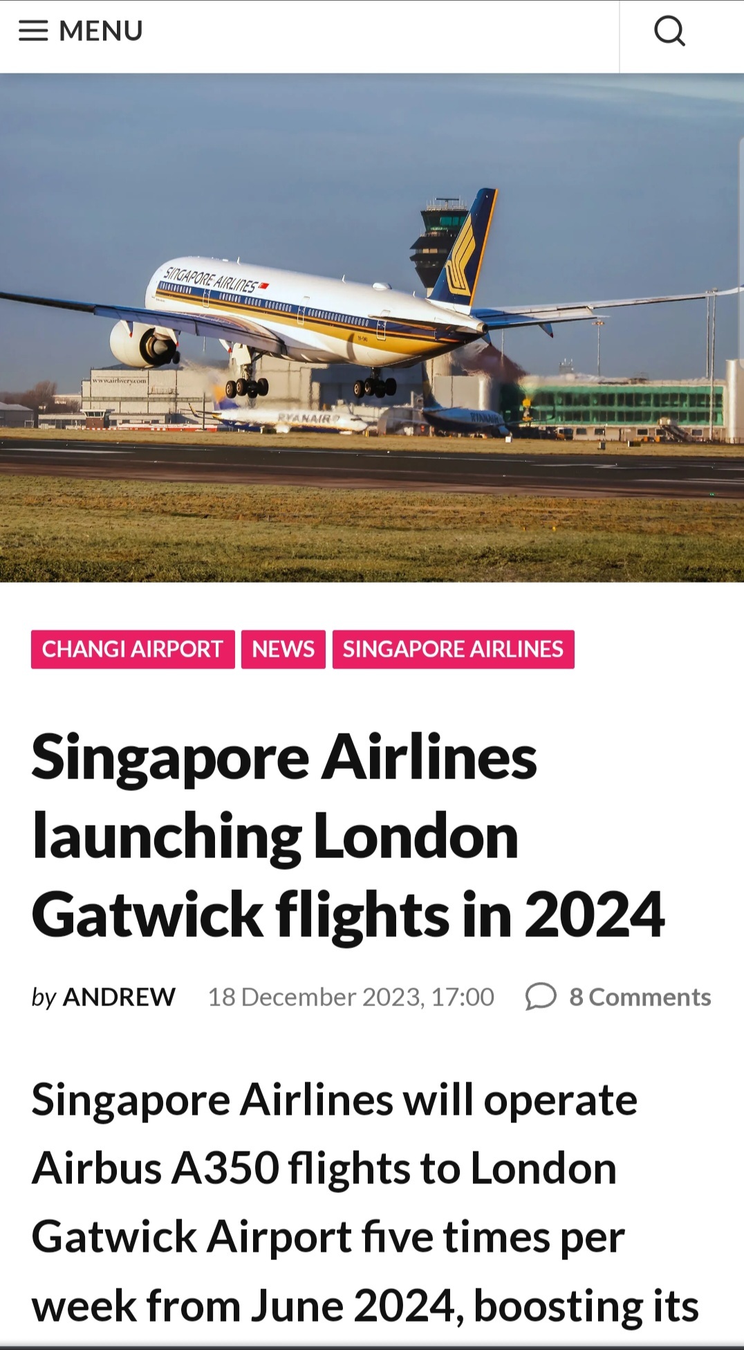 $SIA (C6L.SG)$ [Share Link: Singapore Airlines launching London Gatwick flights in 2024]