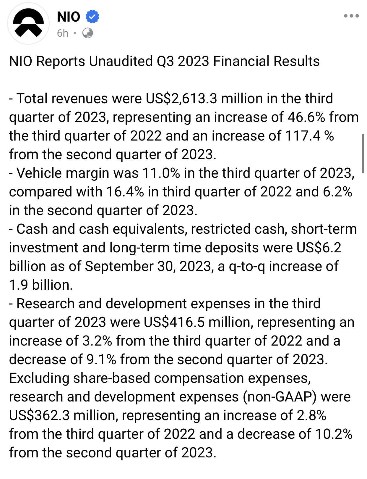 NIO Unaudited Q3 Financial Results